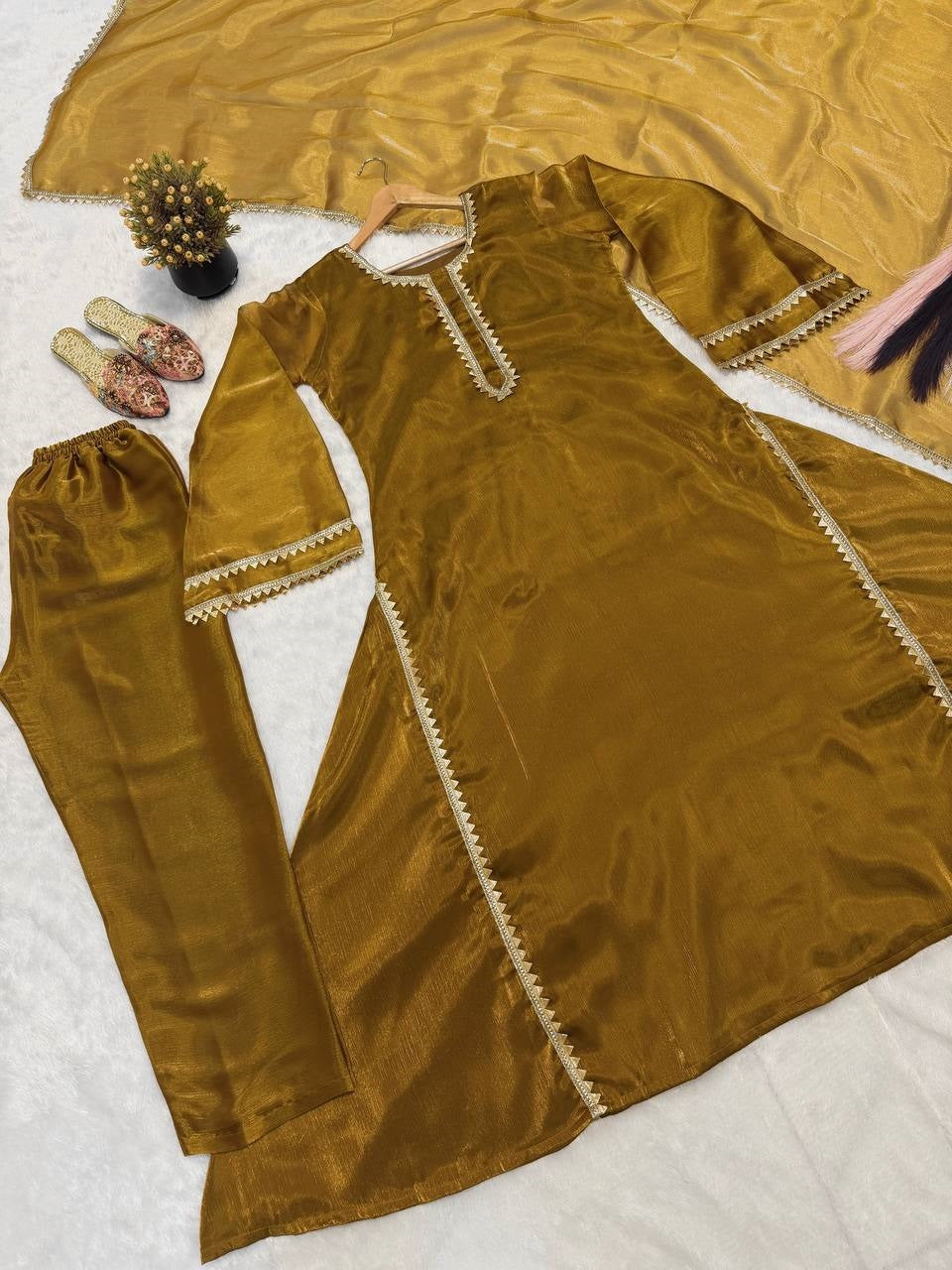Gold-Toned Solid Silk Straight Kurti with Trousers & Flared Dupatta Set