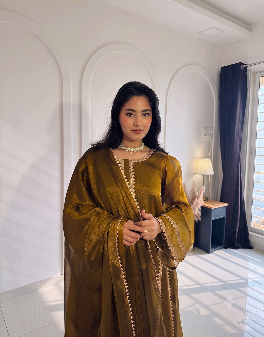 Gold-Toned Solid Silk Straight Kurti with Trousers & Flared Dupatta Set