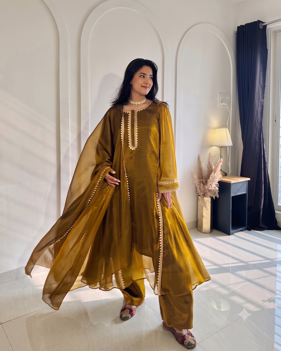 Gold-Toned Solid Silk Straight Kurti with Trousers & Flared Dupatta Set