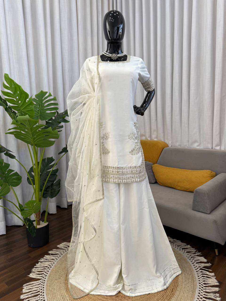 New Women's Latest Elegant Off-White Embroidered Kurta and Sharara Set with Matching Dupatta Set