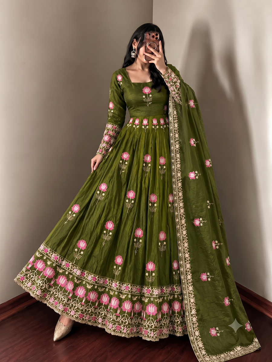Women Lotus Pichwai Embroidered Anarkali Kurta Set with Pant and Dupatta Set