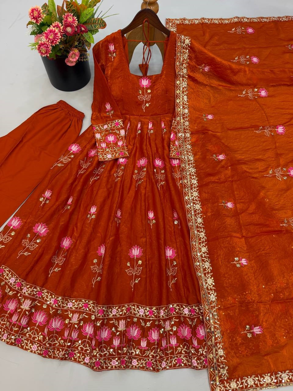 Women Lotus Pichwai Embroidered Anarkali Kurta Set with Pant and Dupatta Set