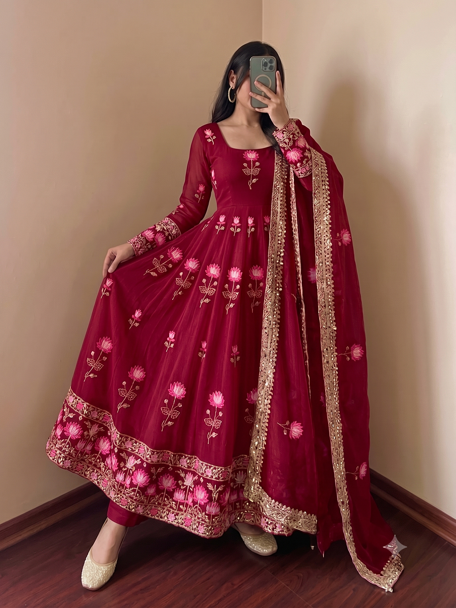 Women Lotus Pichwai Embroidered Anarkali Kurta Set with Pant and Dupatta Set