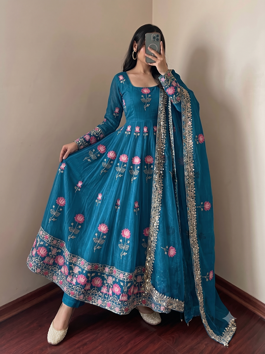 Women Lotus Pichwai Embroidered Anarkali Kurta Set with Pant and Dupatta Set