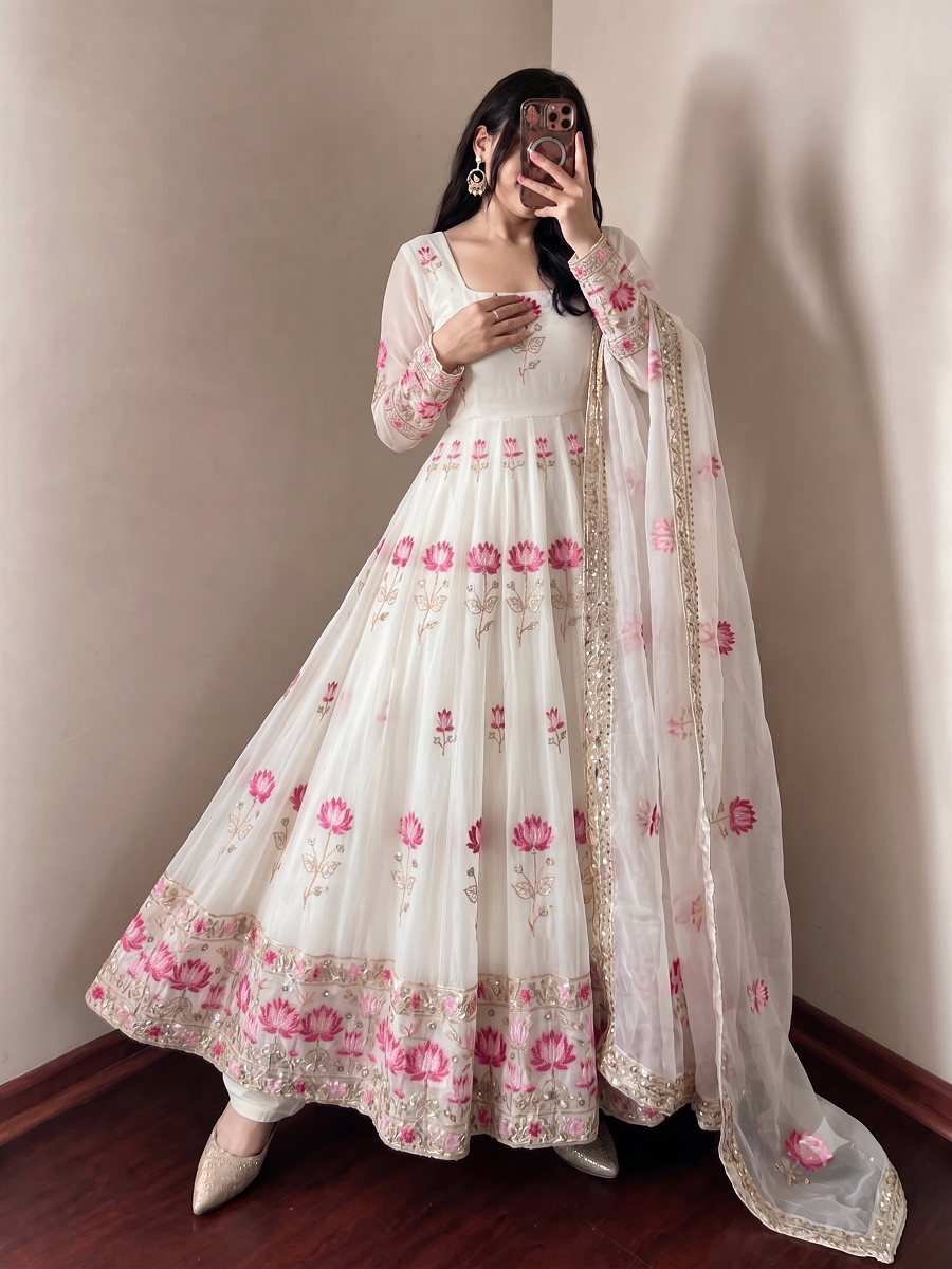 Women Lotus Pichwai Embroidered Anarkali Kurta Set with Pant and Dupatta Set