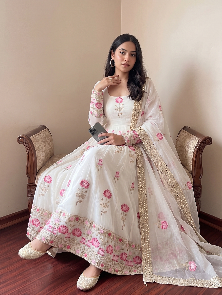 Women Lotus Pichwai Embroidered Anarkali Kurta Set with Pant and Dupatta Set
