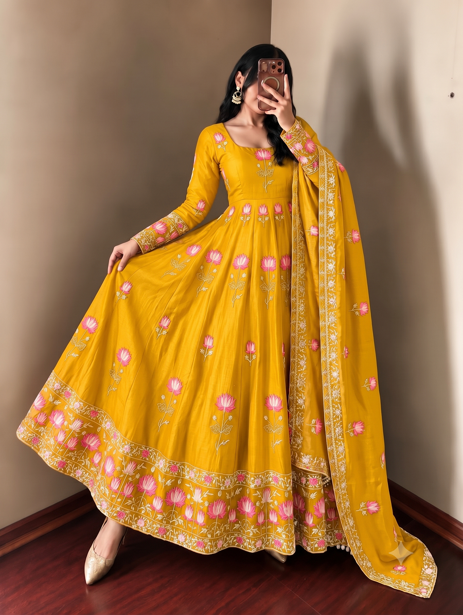 Women Lotus Pichwai Embroidered Anarkali Kurta Set with Pant and Dupatta Set
