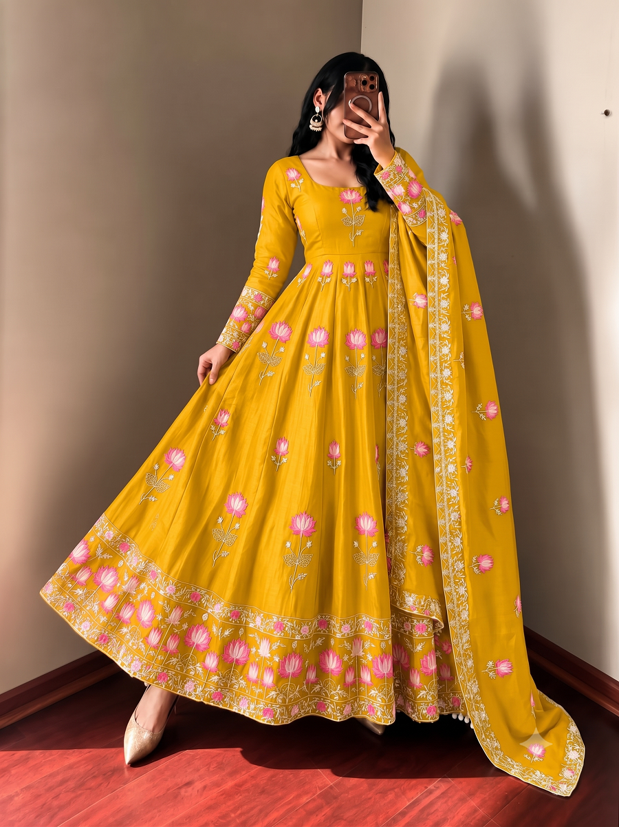 Women Lotus Pichwai Embroidered Anarkali Kurta Set with Pant and Dupatta Set