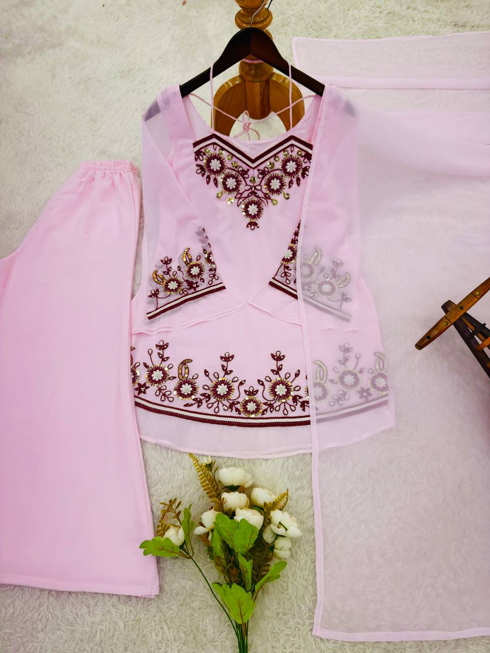 New Trendy Stylish Elegant Light Pink Embroidered Kurta and Palazzo Set