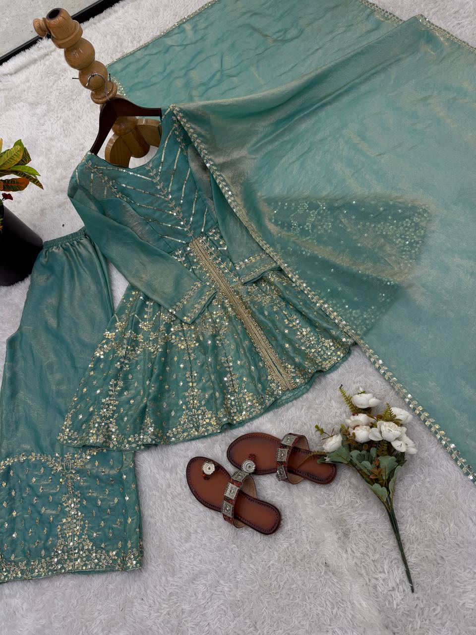New Trending Festive Mirror Work Peplum Suit with Matching Sharara Set