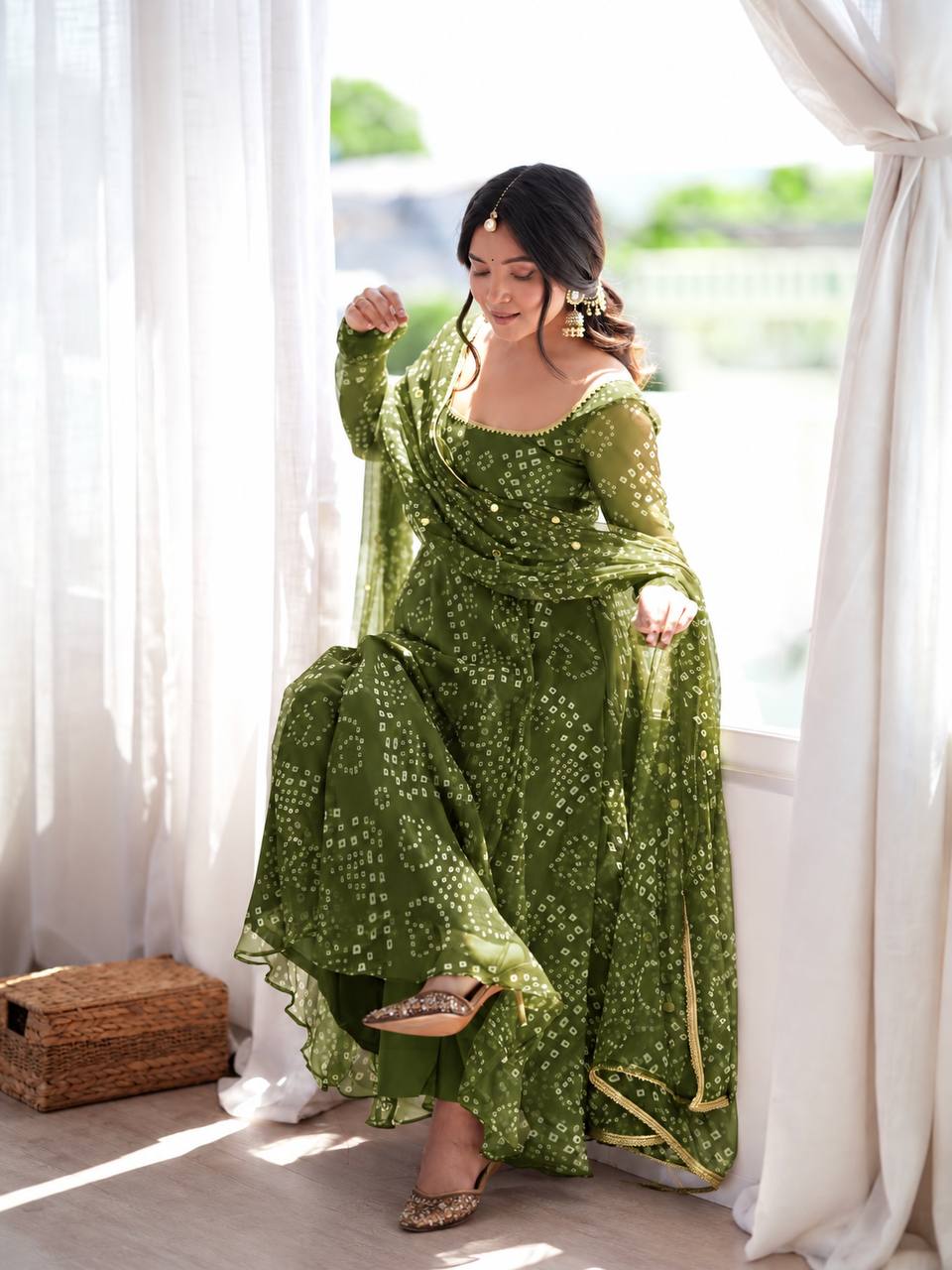 Bandhani Print Georgette Kurta Set with Sharara and Dupatta