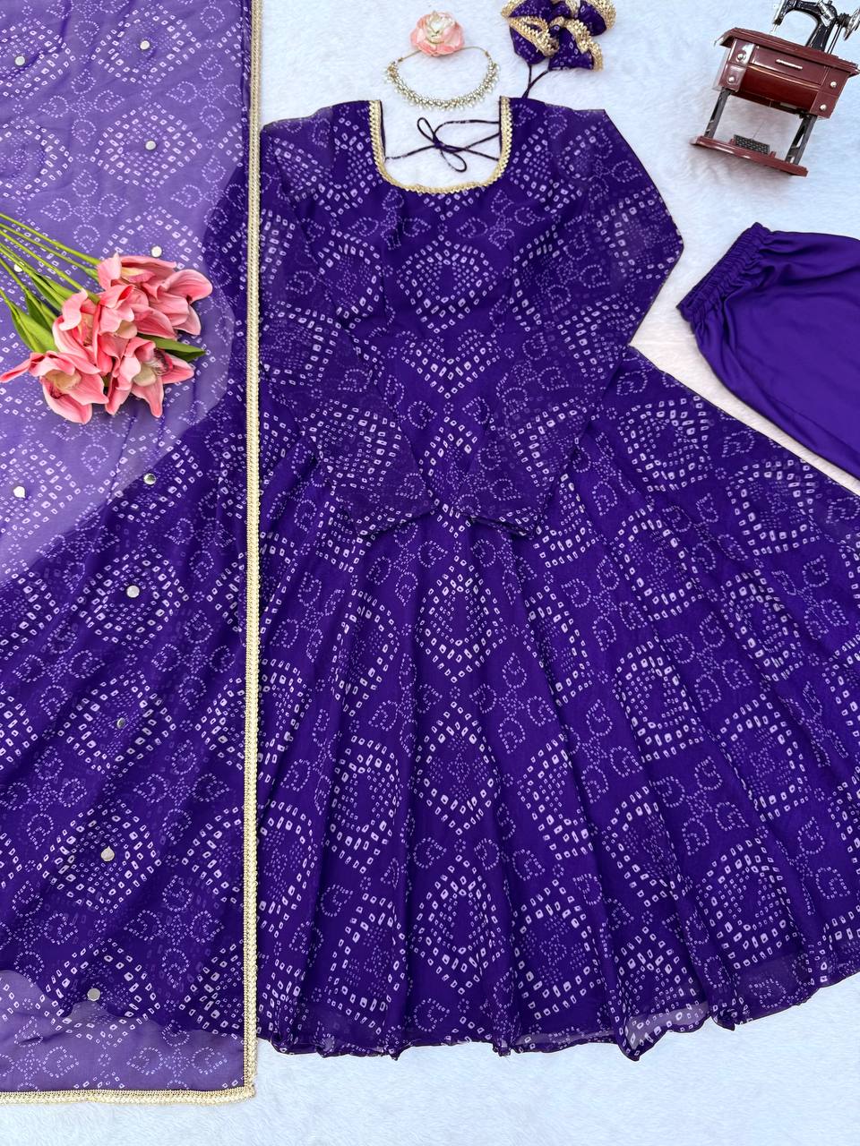Bandhani Print Georgette Kurta Set with Sharara and Dupatta