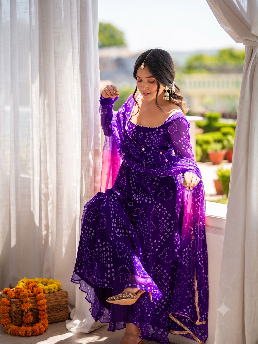 Bandhani Print Georgette Kurta Set with Sharara and Dupatta