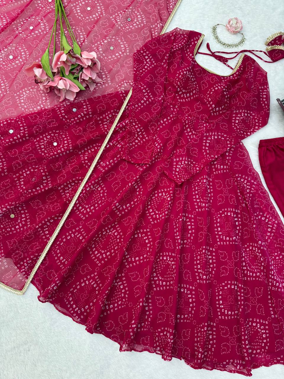 Bandhani Print Georgette Kurta Set with Sharara and Dupatta
