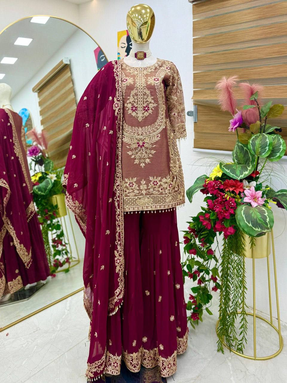 Women's New Trendy Elegant Embroidered Kurta with Sharara and Dupatta Set
