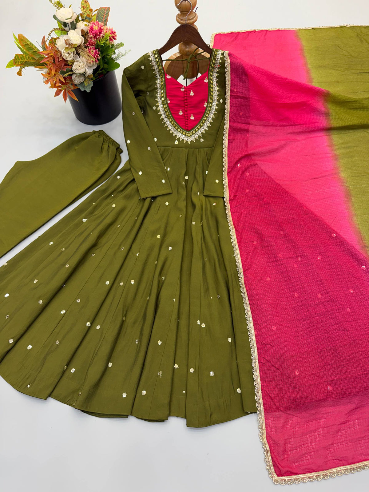 Indian Festive Anarkali Gown with Pant & Shaded Dupatta Set