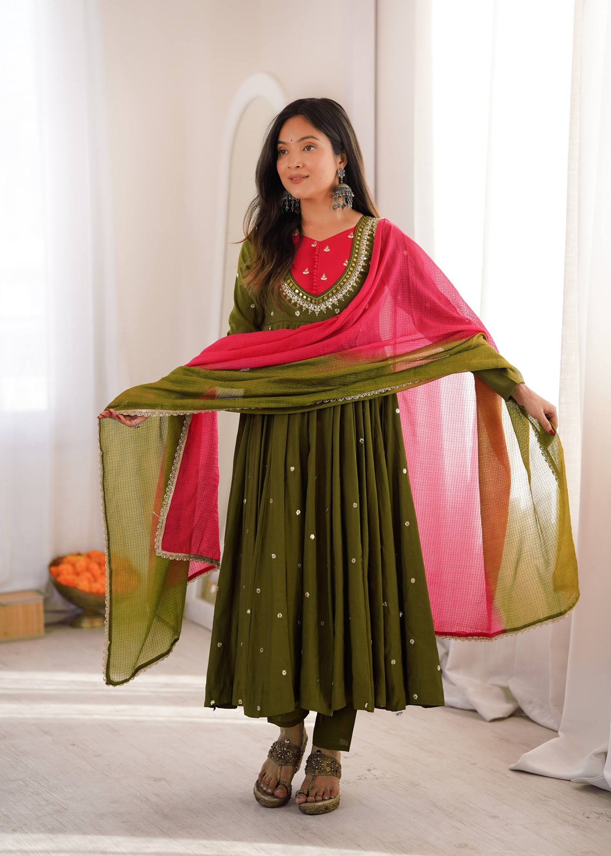 Indian Festive Anarkali Gown with Pant & Shaded Dupatta Set