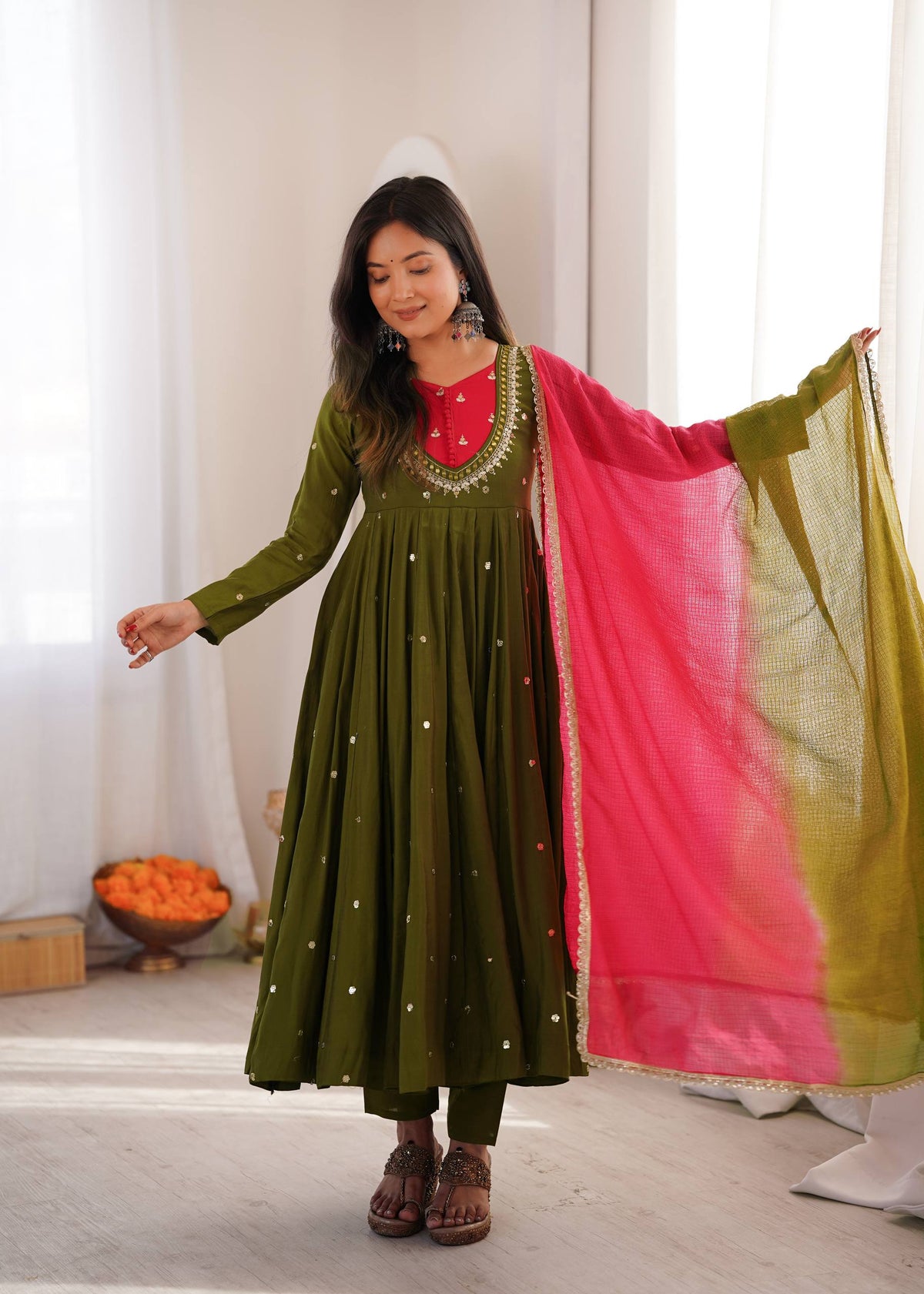 Indian Festive Anarkali Gown with Pant & Shaded Dupatta Set