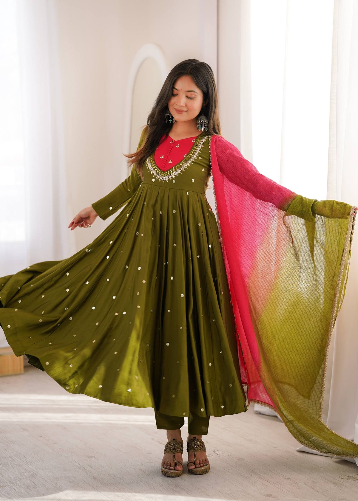 Indian Festive Anarkali Gown with Pant & Shaded Dupatta Set