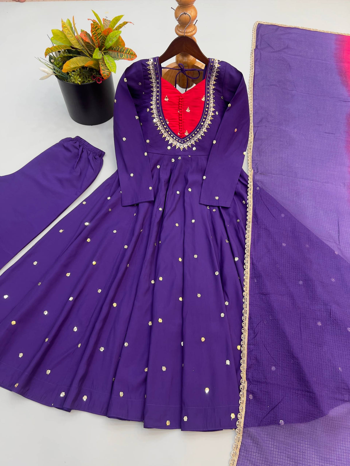 Indian Festive Anarkali Gown with Pant & Shaded Dupatta Set