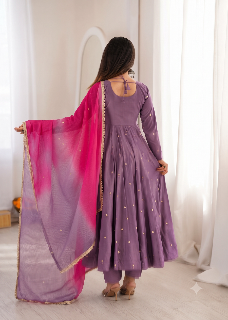 Indian Festive Anarkali Gown with Pant & Shaded Dupatta Set