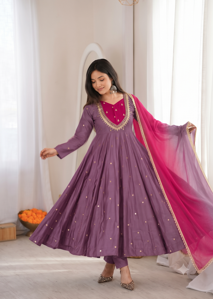 Indian Festive Anarkali Gown with Pant & Shaded Dupatta Set