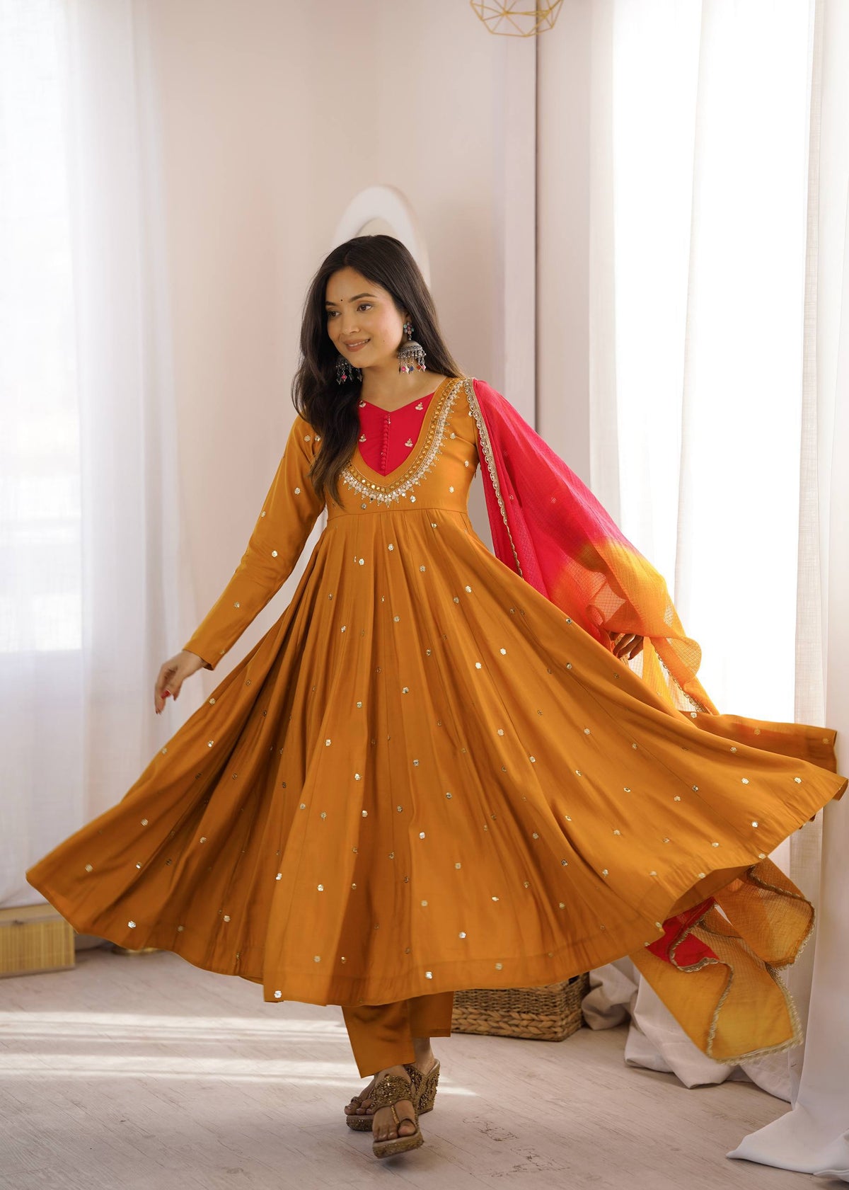 Indian Festive Anarkali Gown with Pant & Shaded Dupatta Set