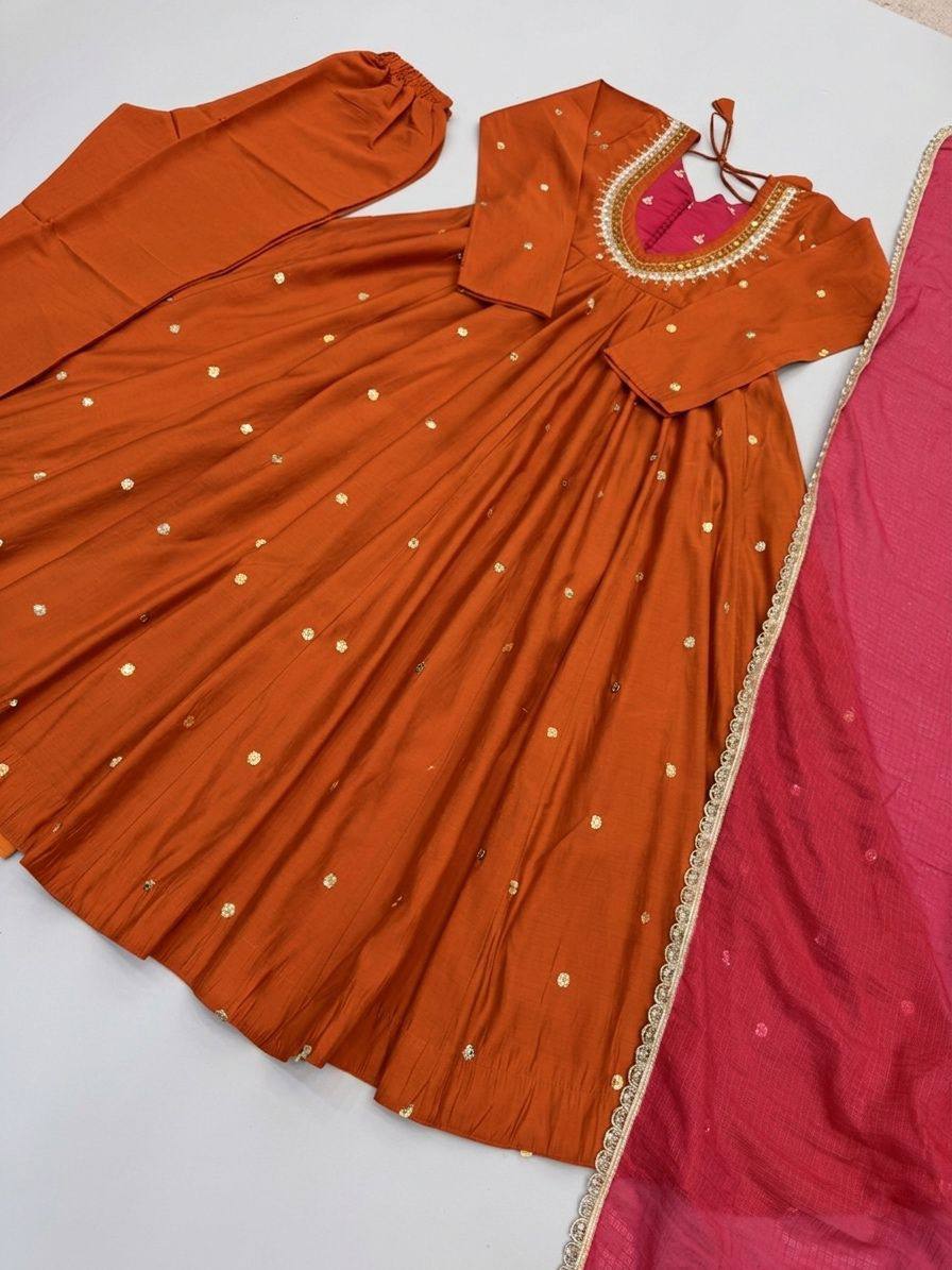 Indian Festive Anarkali Gown with Pant & Shaded Dupatta Set