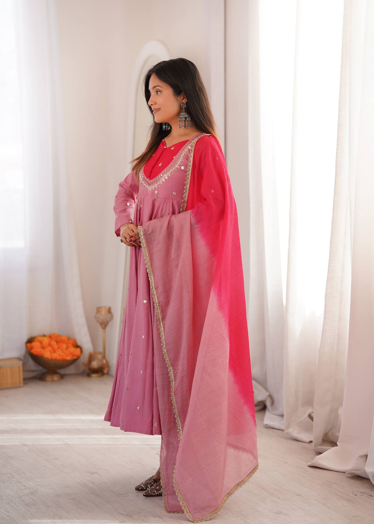 Indian Festive Anarkali Gown with Pant & Shaded Dupatta Set