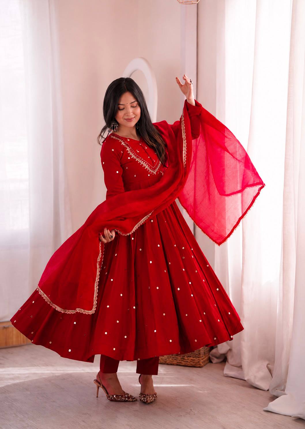 Indian Festive Anarkali Gown with Pant & Shaded Dupatta Set