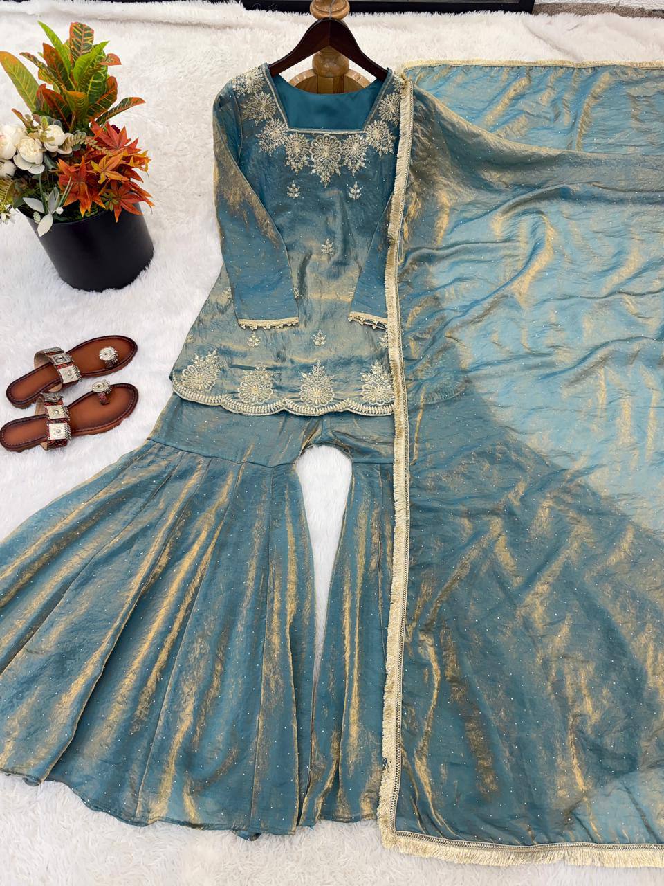 New Designer Elegant Embroidered Kurta with Sharara and Dupatta Set