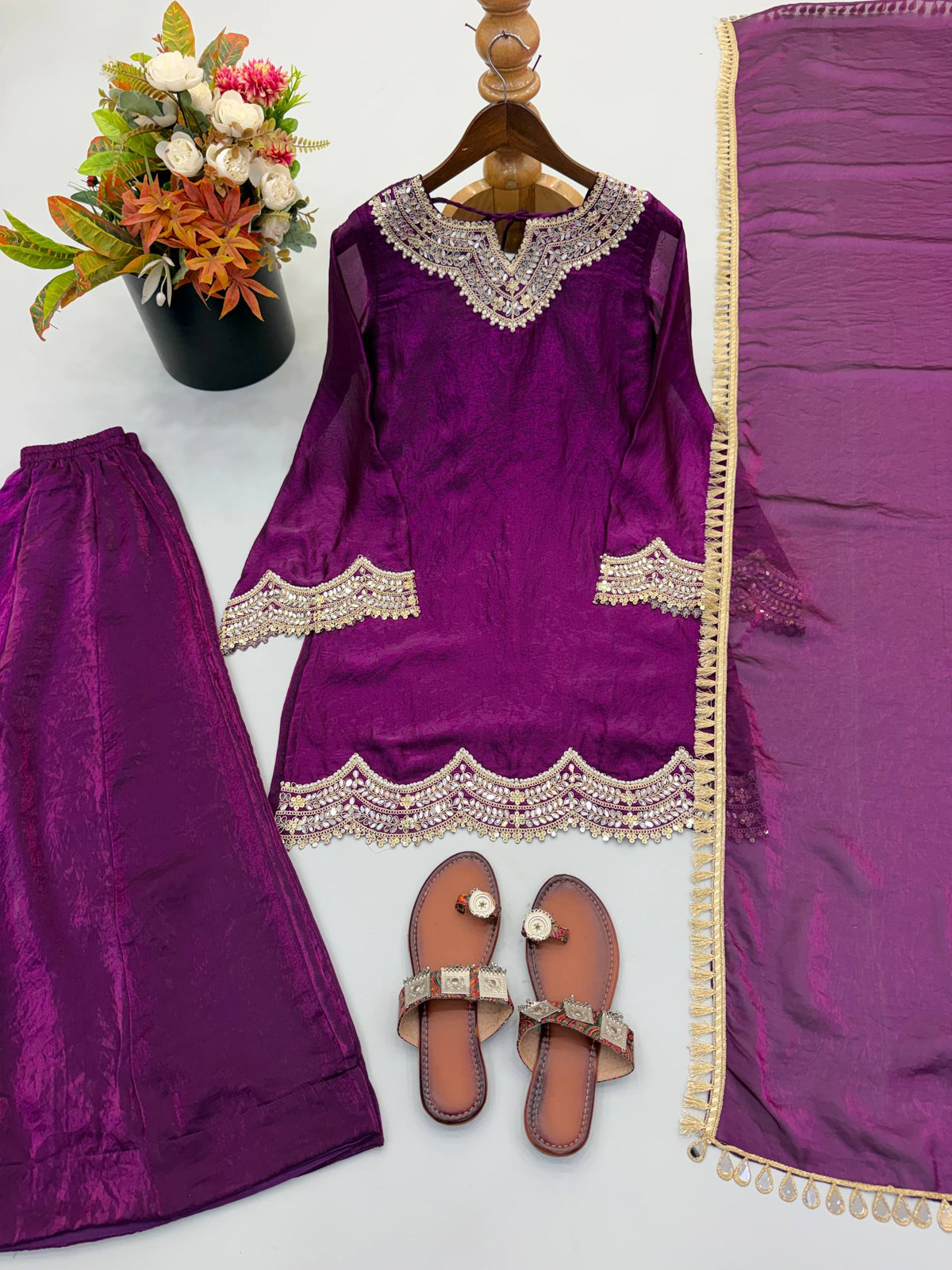 Trendy Festive Wear Wine Purple Heavy Embroidered Kurti Palazzo Set with Dupatta