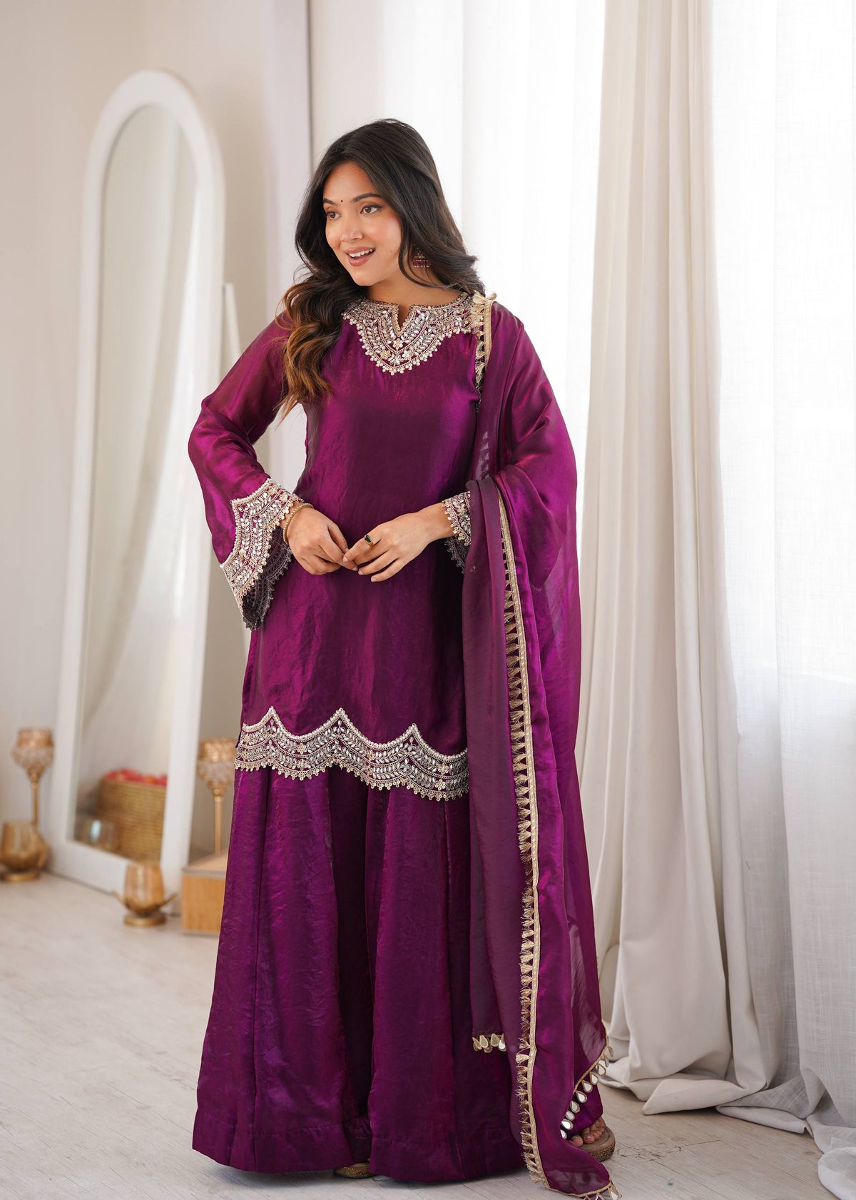Trendy Festive Wear Wine Purple Heavy Embroidered Kurti Palazzo Set with Dupatta