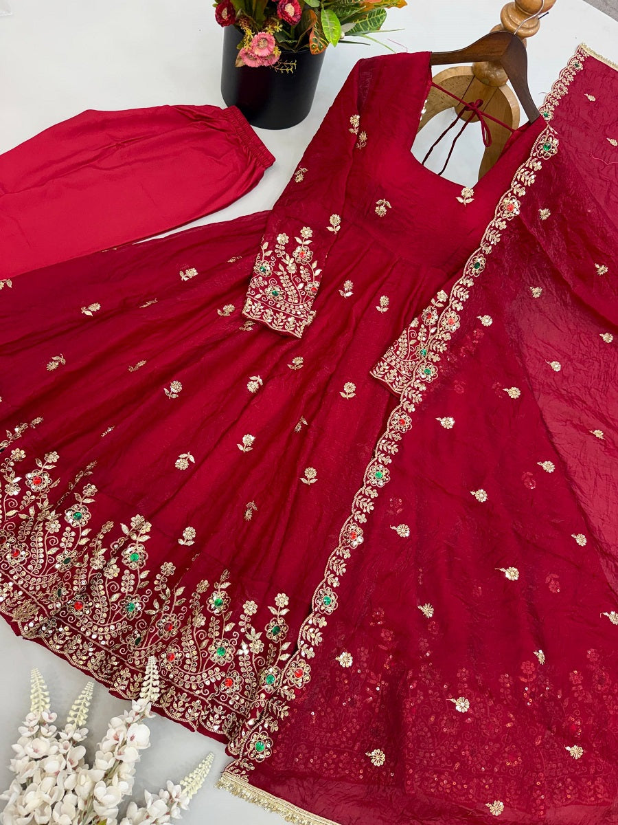 Women's Readymade Maroon Anarkali Suit with Dupatta and Pant Set