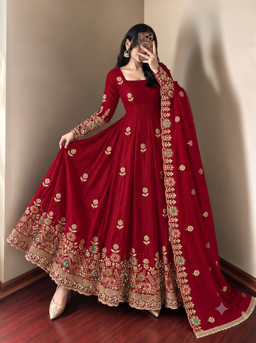 Women's Readymade Maroon Anarkali Suit with Dupatta and Pant Set