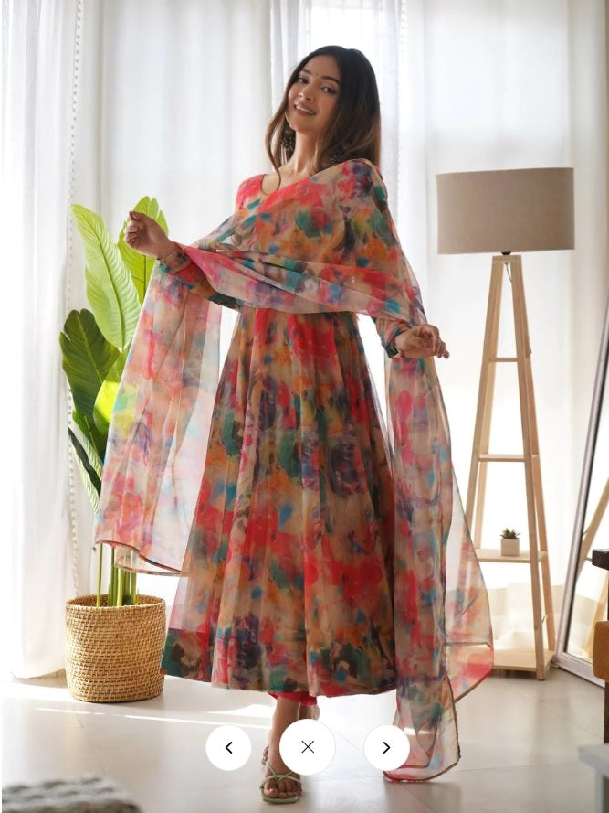 Pure Organza Silk Printed Readymade Anarkali Gown with Pant Dupatta