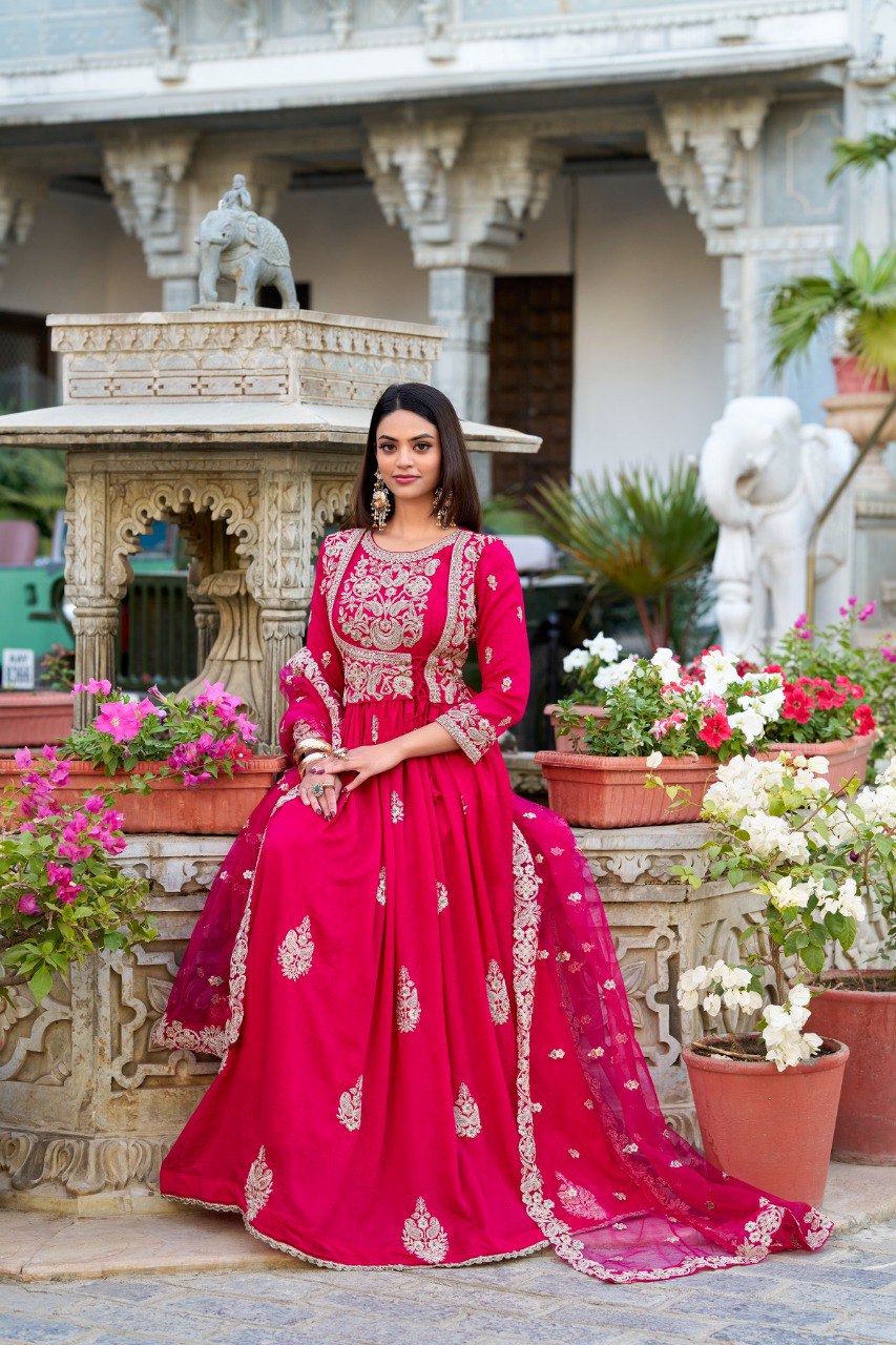 Pink Vichitra Silk Stitched Gown with Dupatta