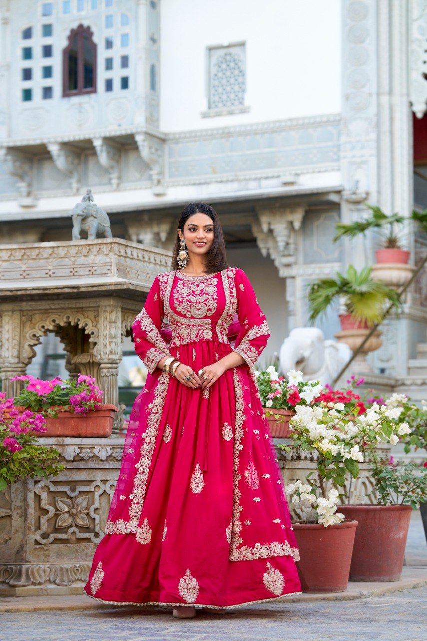 Pink Vichitra Silk Stitched Gown with Dupatta