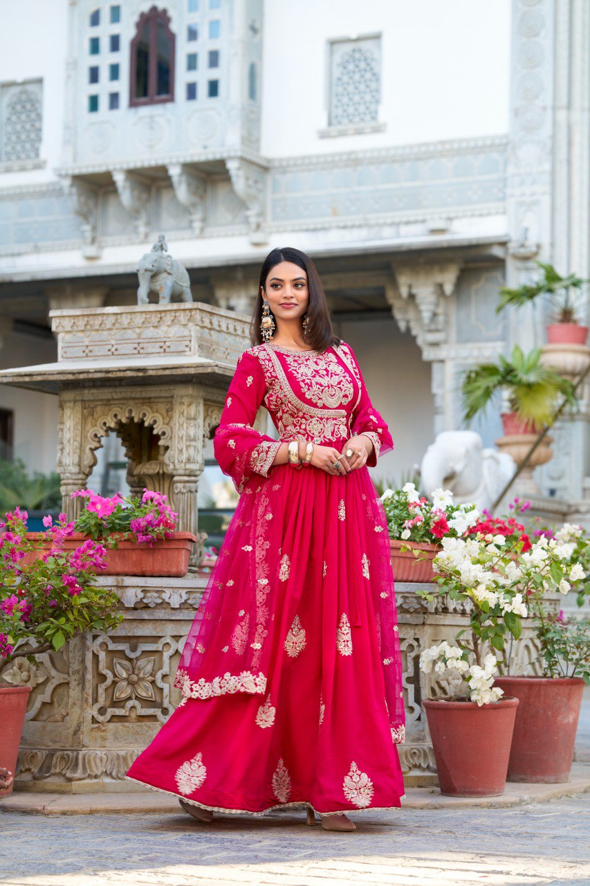 Pink Vichitra Silk Stitched Gown with Dupatta
