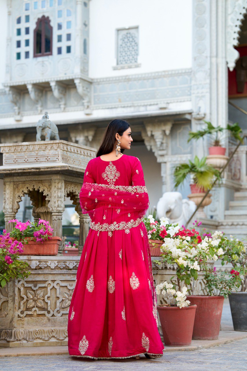 Pink Vichitra Silk Stitched Gown with Dupatta