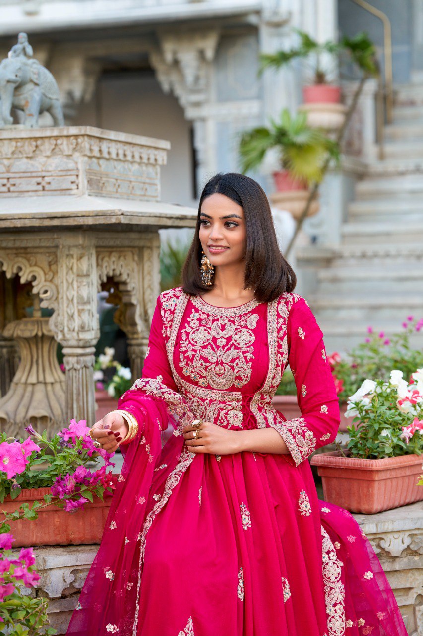 Pink Vichitra Silk Stitched Gown with Dupatta