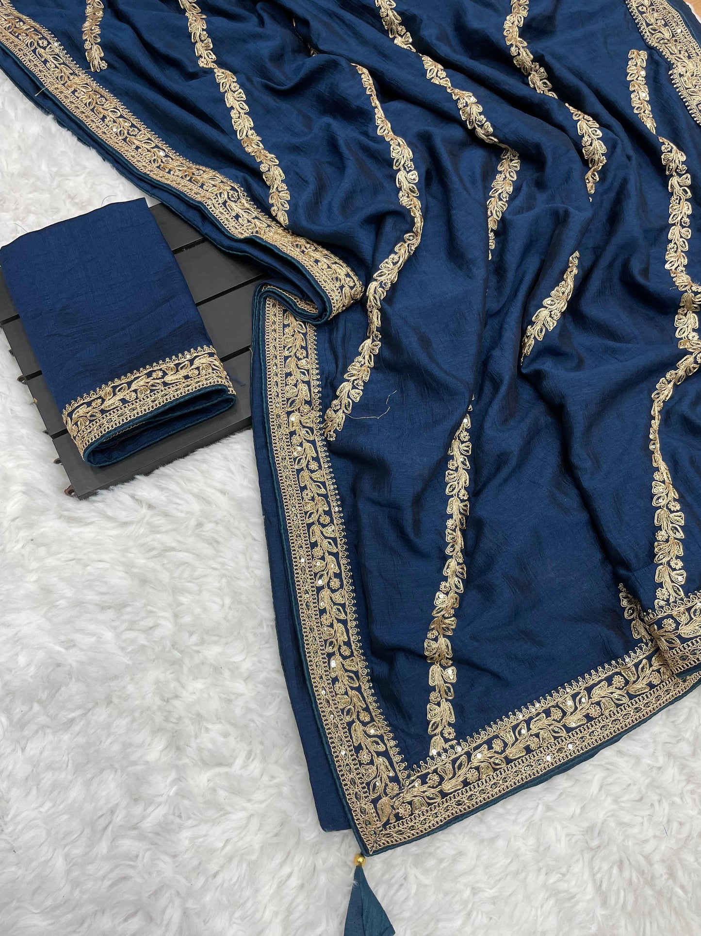 Wedding Wear Vichitra Silk Coding Work Border Saree in Many Colors
