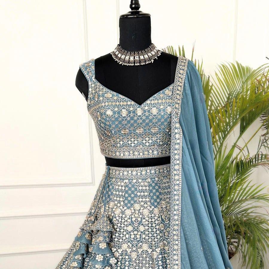 Wedding Wear Light Blue Colour Georgette Lehenga Choli