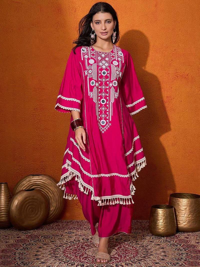 Western Wear Embroidered or Mirror Work Kurti Palazzo Set