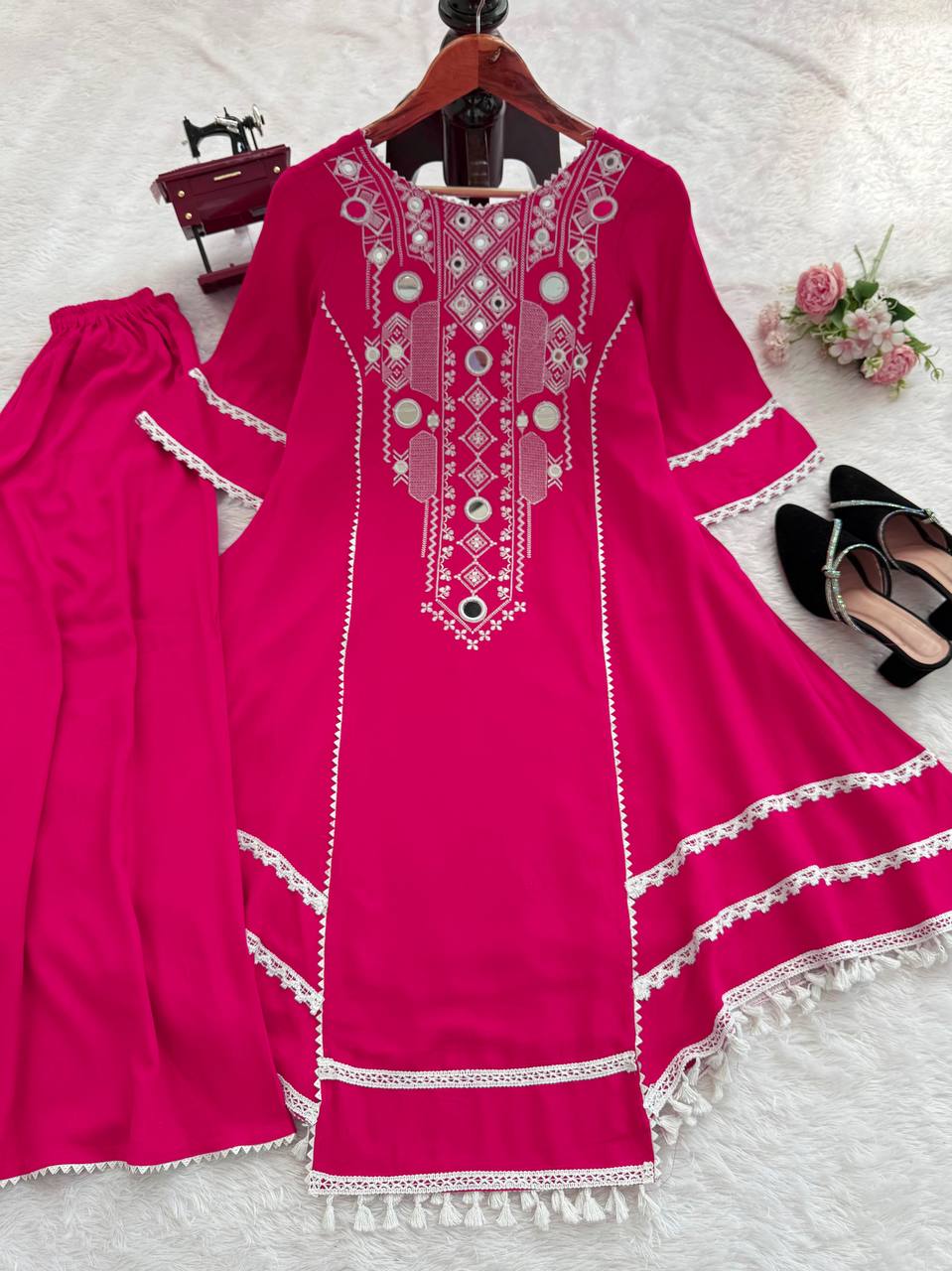 Western Wear Embroidered or Mirror Work Kurti Palazzo Set