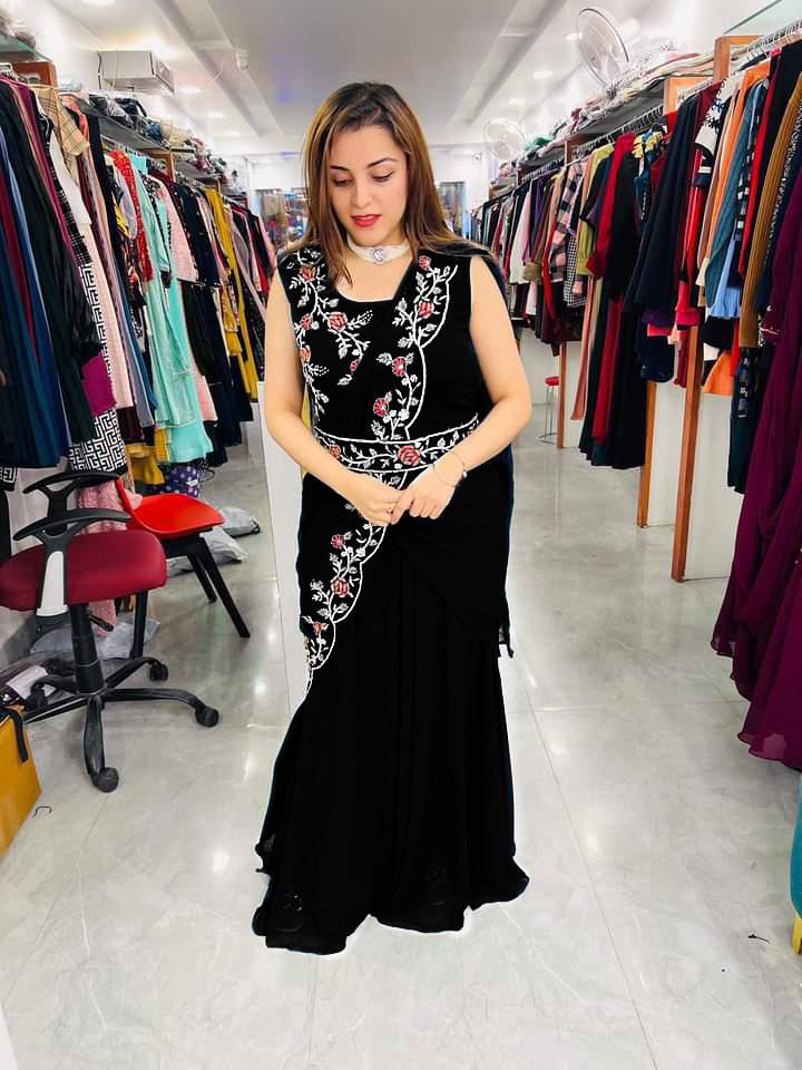 Party Wear Stylish Georgette Embroidered Cross Designer Gown with Belt