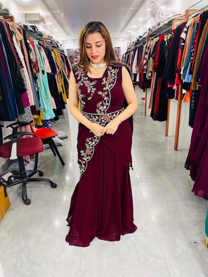 Party Wear Stylish Georgette Embroidered Cross Designer Gown with Belt