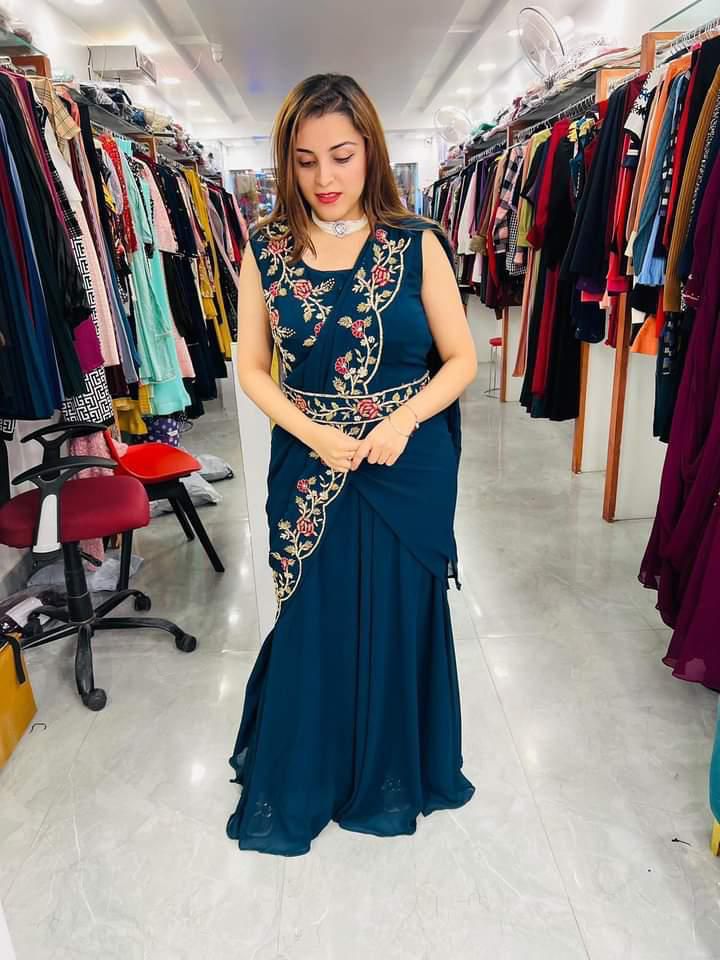 Party Wear Stylish Georgette Embroidered Cross Designer Gown with Belt