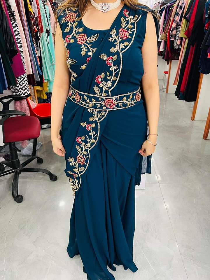 Party Wear Stylish Georgette Embroidered Cross Designer Gown with Belt