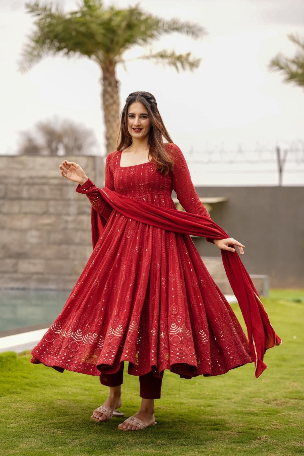 Function Wear Red Color Gerogette Readymade Gown For Girls